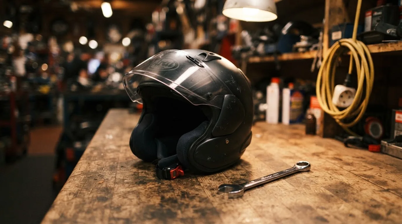 Ein schwarzer Motorradhelm ohne Aufdruck liegt auf einer Werkbank neben einem Schraubenschlüssel, warmes Licht einer Werkstatt.