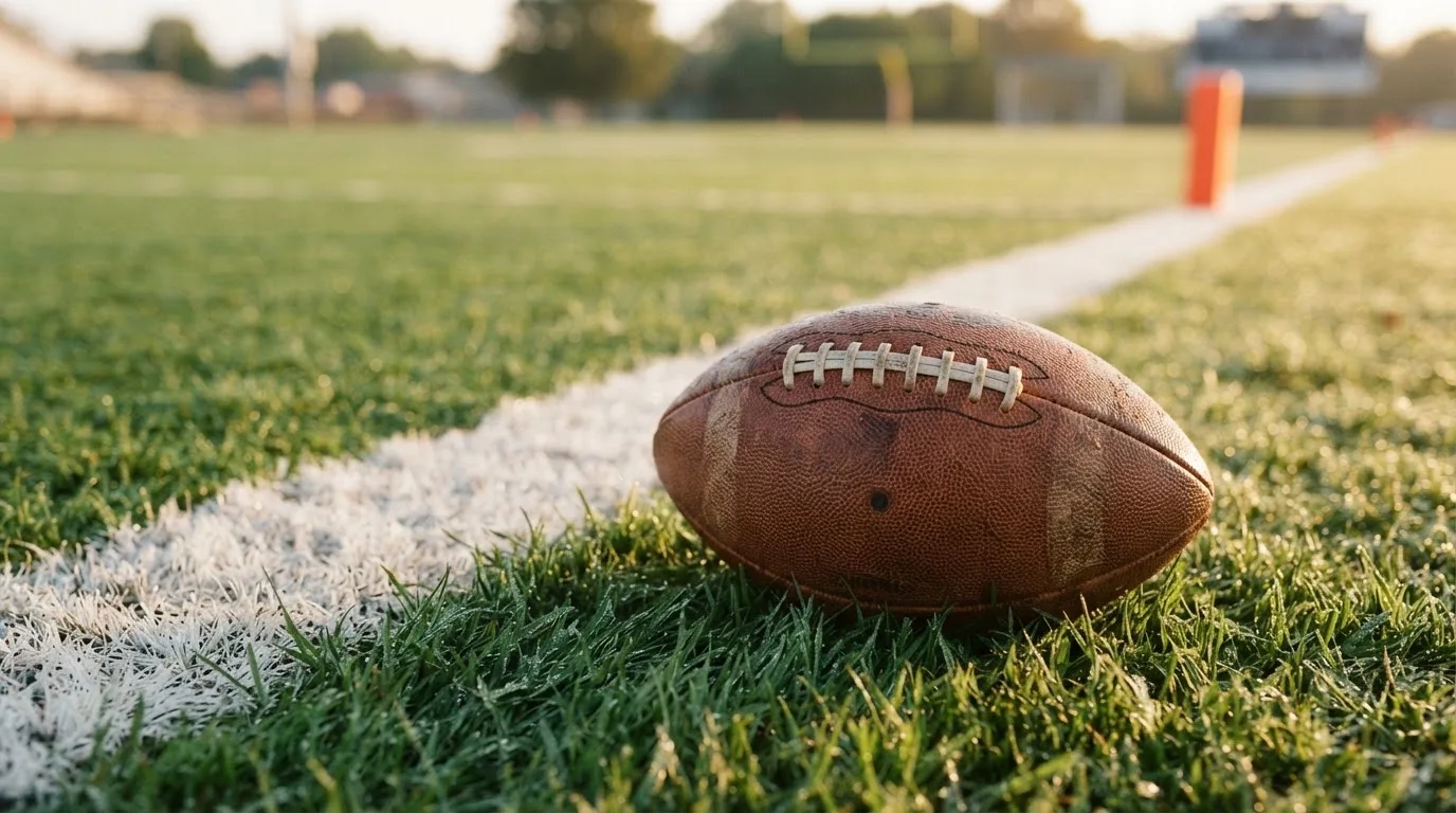 Ein ovaler Lederball mit heller Schnürung liegt auf dem Rasen vor der Endzone, Tau auf dem Gras im ersten Morgenlicht.