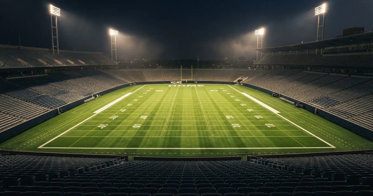 Ein American-Football-Feld mit weißen Yardlinien im Flutlicht, von einer hohen Tribüne aus gesehen, die Ränge leer, Zahlen nicht erkennbar.