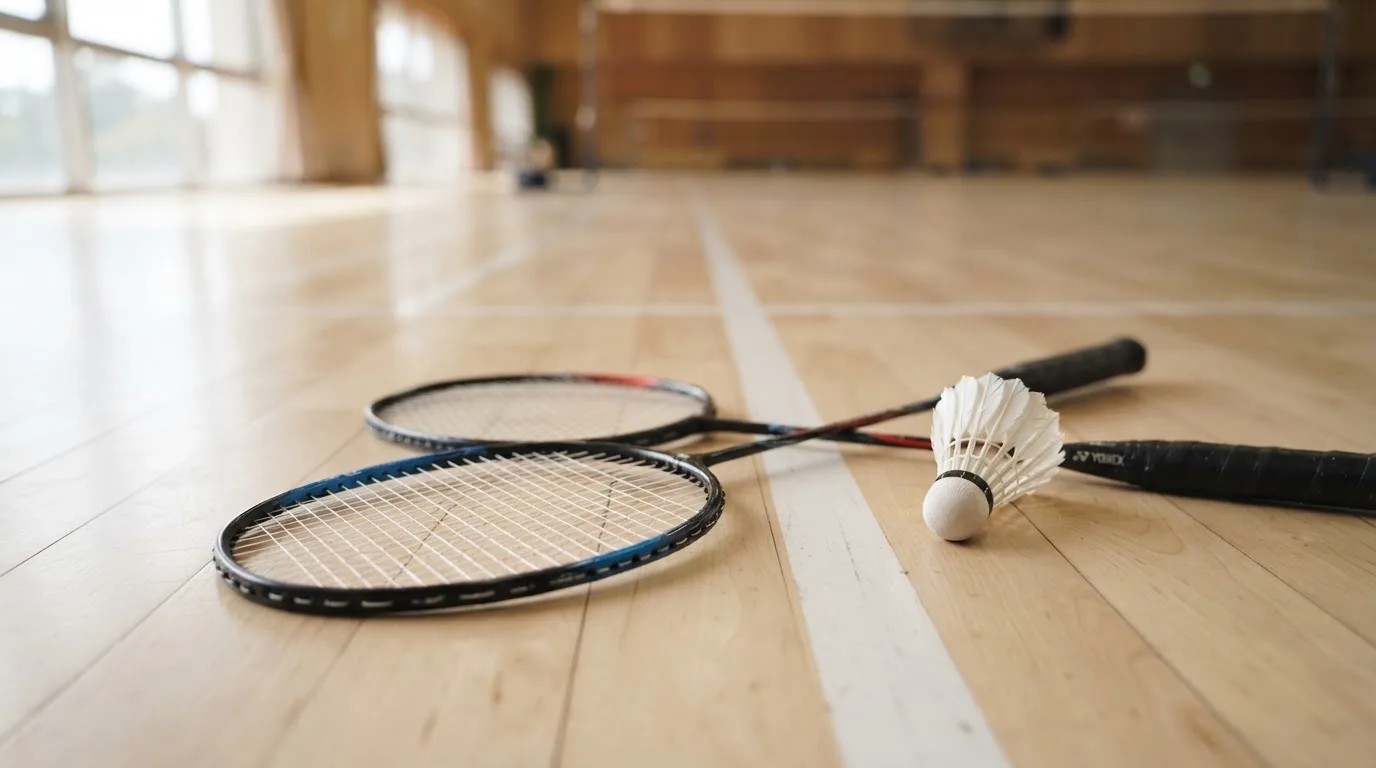 Zwei Badmintonschläger und ein Federball liegen auf einem Holzboden neben der Seitenlinie, weiches Licht fällt von der Seite ein.